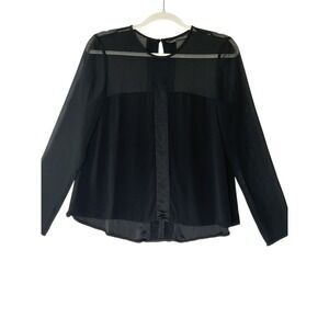 Zara Woman‎ Black Crepe Sheer Satin Stripe Pullover Long Sleeve Top Blouse S